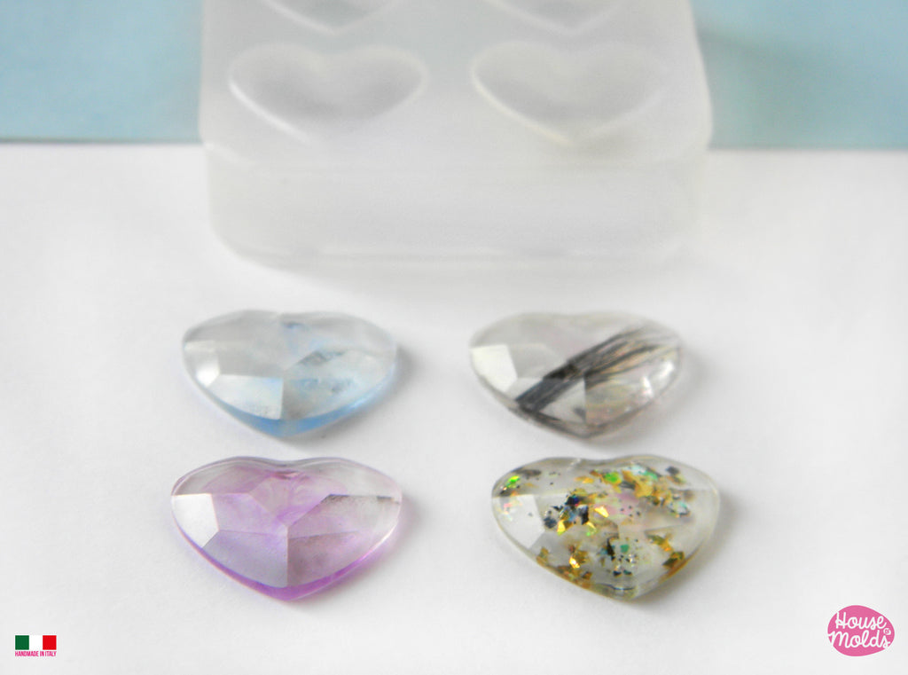 Faceted Hearts 12 x 14 mm -  4 cavities Mold for your precious  keepsakes- hearts with  flat back- super glossy