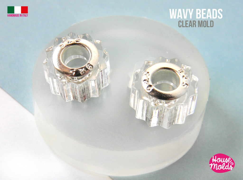 Wavy Drilled beads  Clear Mold , 12 mm x 6 mm tall , inner hole 5 mm , super glossy resin casting, easy to use