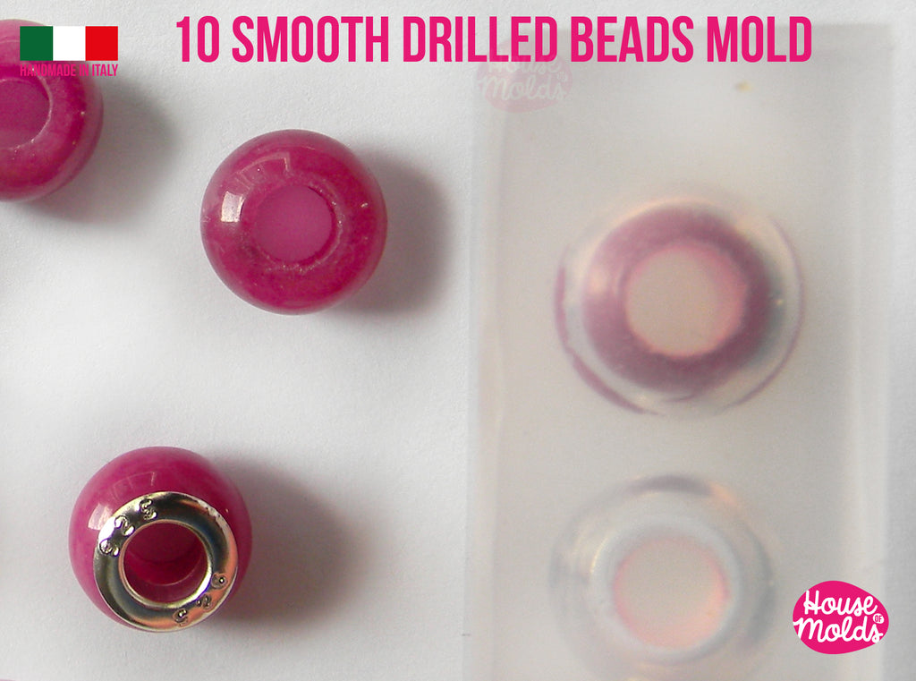 10 Smooth Drilled Beads Clear Mold ,Mold to make European style beads-smooth drilled beads 12 mmx 8 mm-5.5 mm inner hole diameter,super shiny easy to use