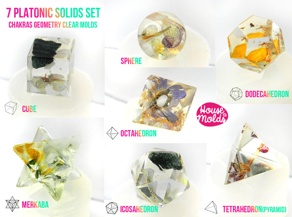 7 Platonic Solids Set Of  Clear Silicone Molds - HOUSE OF MOLDS-7 Chakra geometry set of 7  molds for resin,super shiny surface