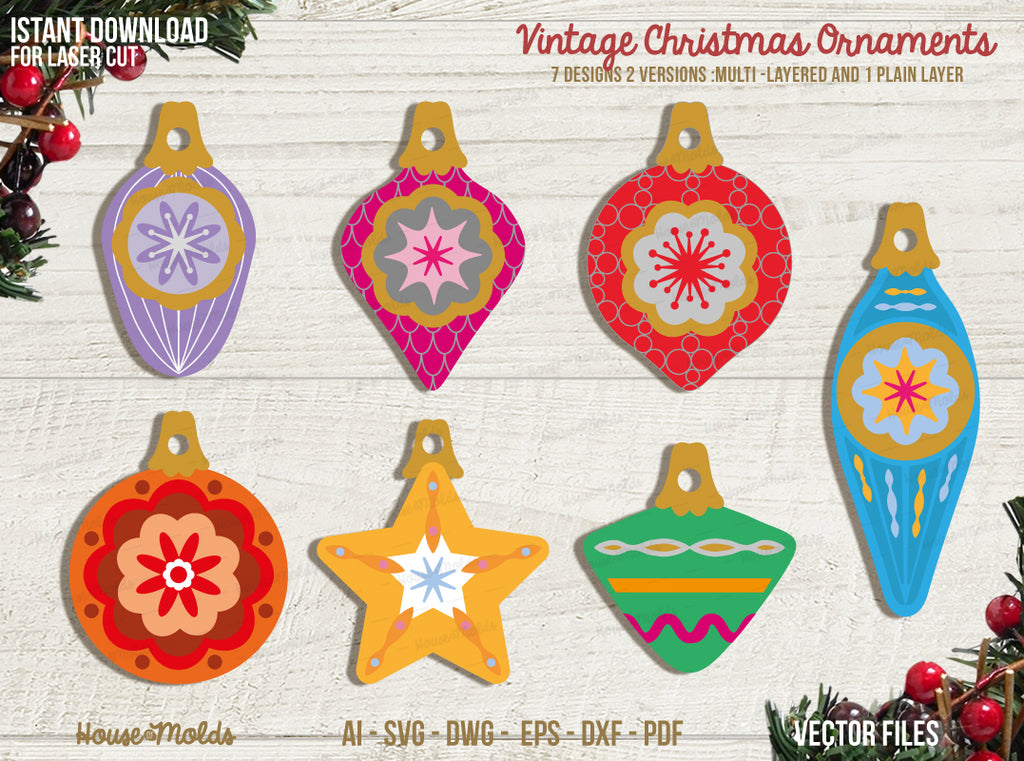 Christmas Vintage Ornaments Laser Cut File -Istant Dowload Cut file for 7 layered design + 7 single layer versions - house of molds design 2022