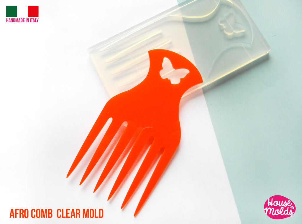 AFRO COMB #2 Clear mold 14,7 cm x 7,5  cm -  super glossy afro pick , curly hair comb mold - HOUSE-OF-MOLDS