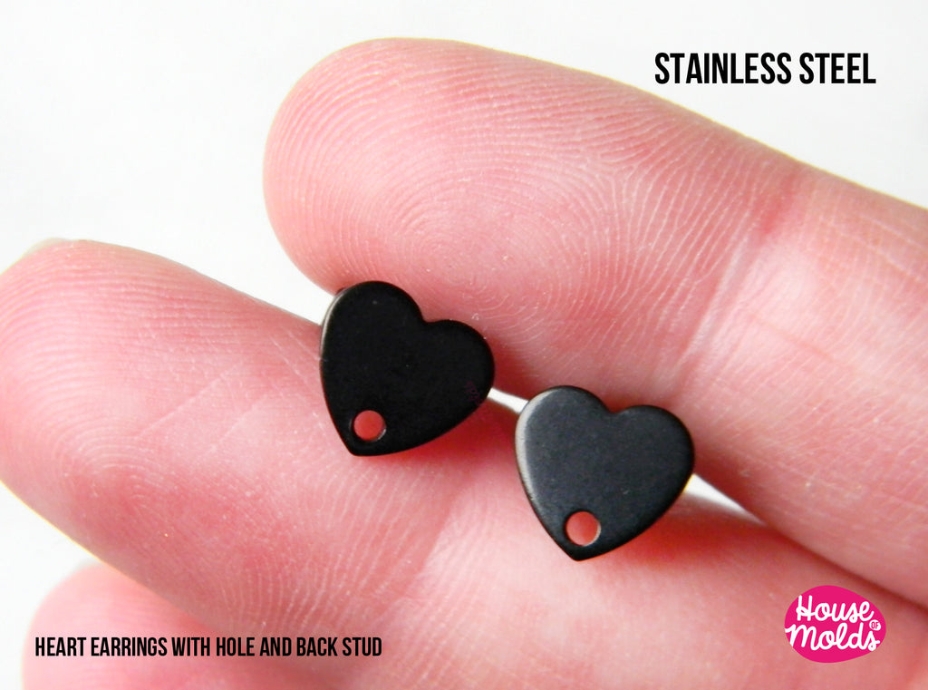 Black Hearts studs earrings with premade hole  - 9 x 9  mm  - stainless steel
