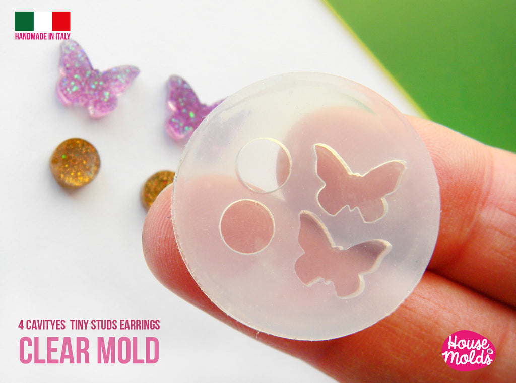 Butterflies and Circles tiny studs earrings  Clear Mold  4 cavityes , super shiny - house of molds