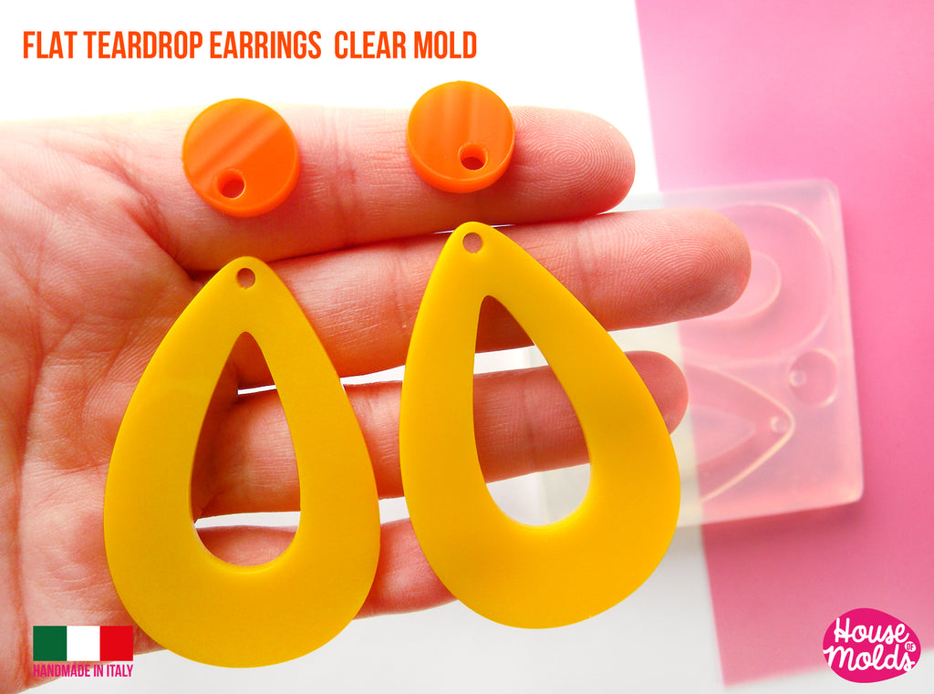 Flat Teardrop earrings clear silicone mold-60s earrings Drops Mold,earrings 59 mm x 38 mm 2 mm thickness-super shiny results