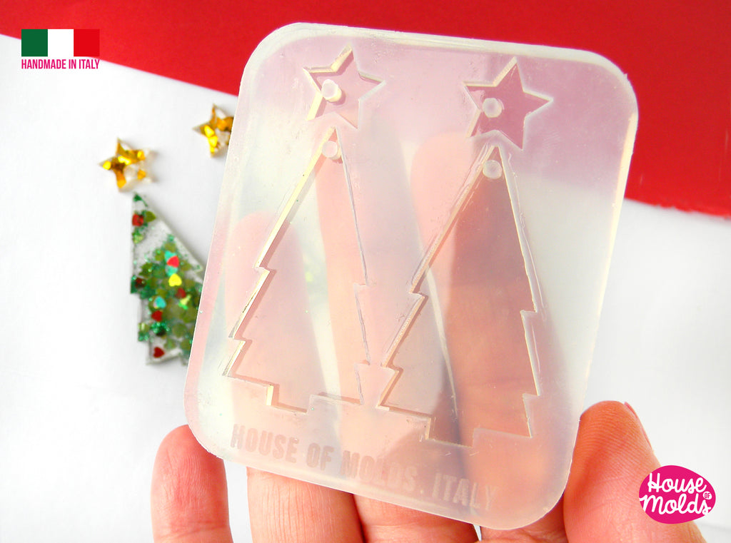 Christmas Tree earrings Set Clear Mold , Premade Holes on top , tree measurements 47 x 25 mm thickness 3 mm super shiny - house of molds - Italy
