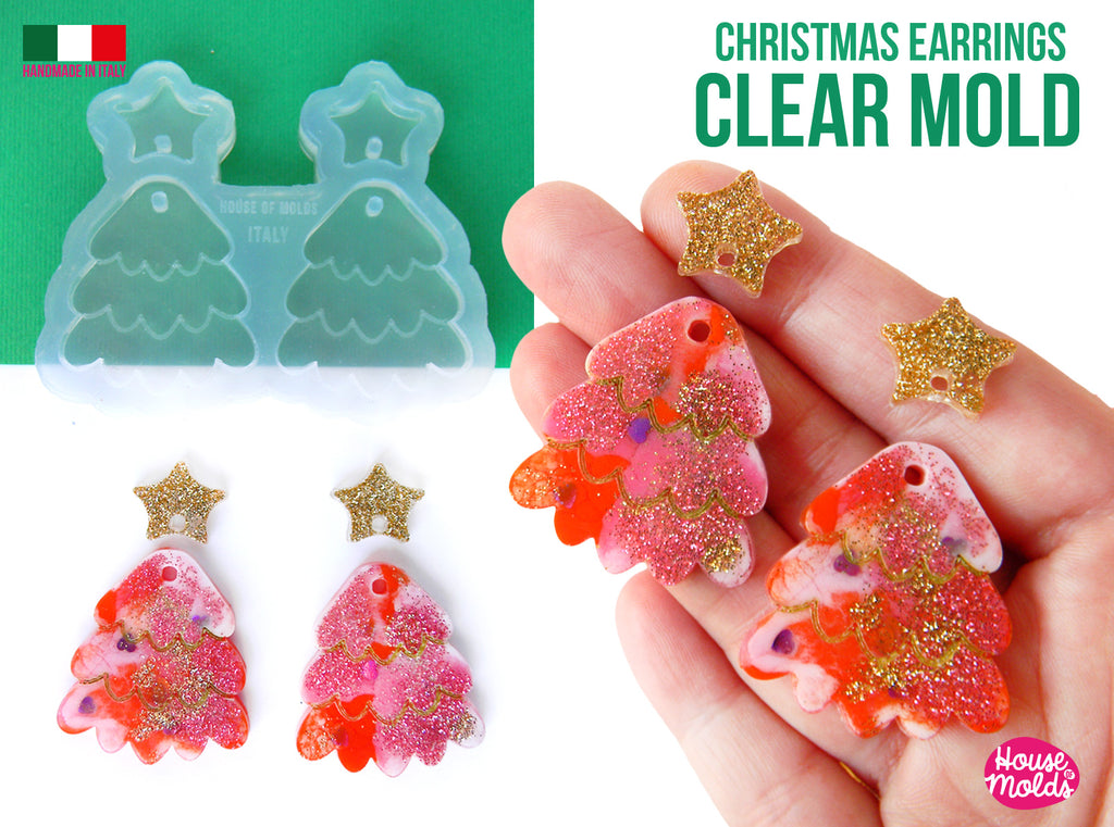 Fluffy Christmas Tree earrings Set Clear Mold , Premade Holes on top , tree measurements 35 x 31 mm + stars on top  all thickness 3 mm super shiny - house of molds - Italy