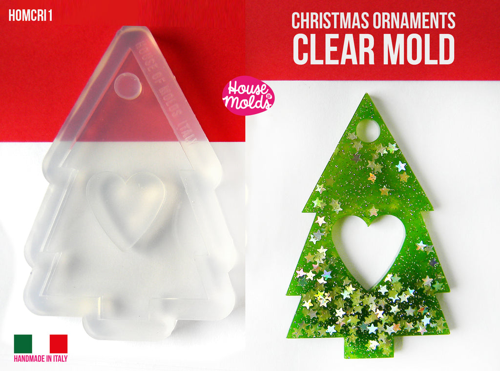 Christmas Ornament TREE SHAPE Clear Mold , flat tree 70 x 47 mm 4 mm thickness , super shinypremade hole on top - super shiny