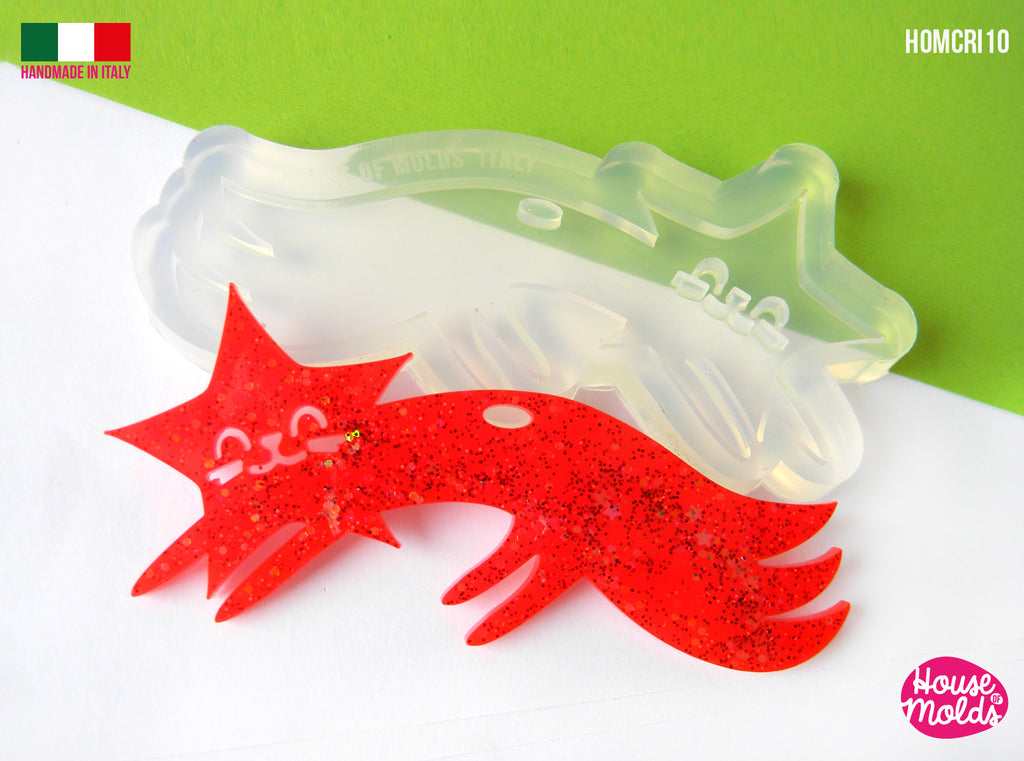 Christmas Star Cat Comet Clear Mold , Cat Star 97 x 43 mm 4 mm thickness , premade hole - super shiny - house of molds -Italy