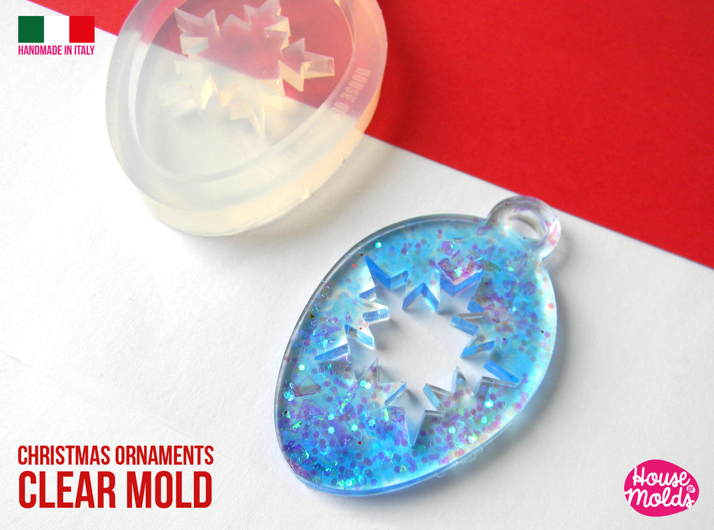 Christmas Ornament 2 Clear Mold , Bulb with snowflake 65 x 39 mm 4 mm thickness , premade hole - super shiny - house of molds Italy
