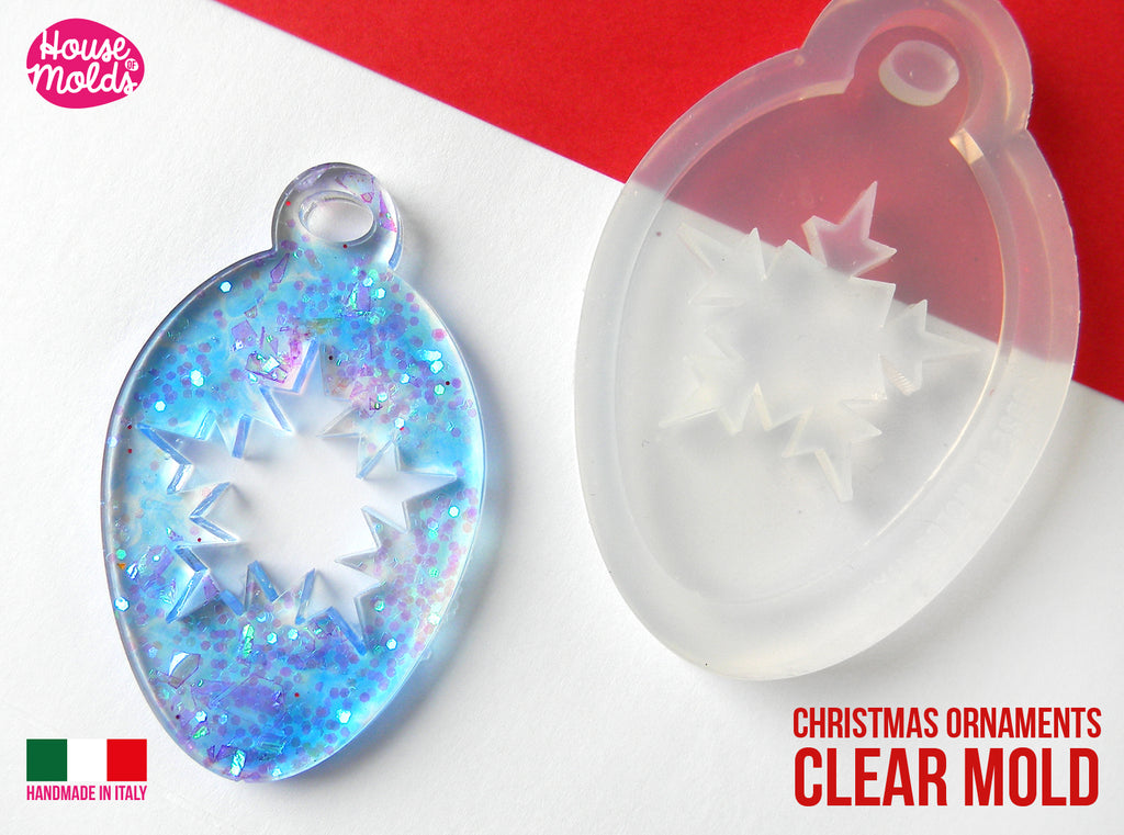 Christmas Ornament 2 Clear Mold , Bulb with snowflake 65 x 39 mm 4 mm thickness , premade hole - super shiny - house of molds Italy