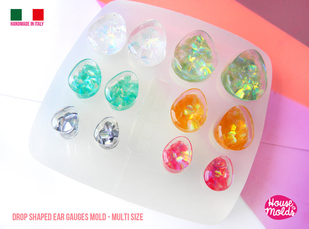 Drop Shaped Plugs Clear Mold - 6 Sizes Silicone Mold 12 cavityes-Multisize Ear plugs from 6 to 17  mm diameter