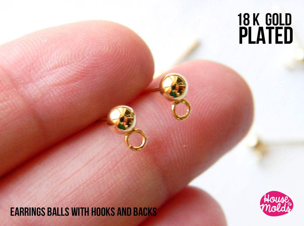 18K Gold Plated Ball  Earrings with Hooks - backs  included  - luxury quality