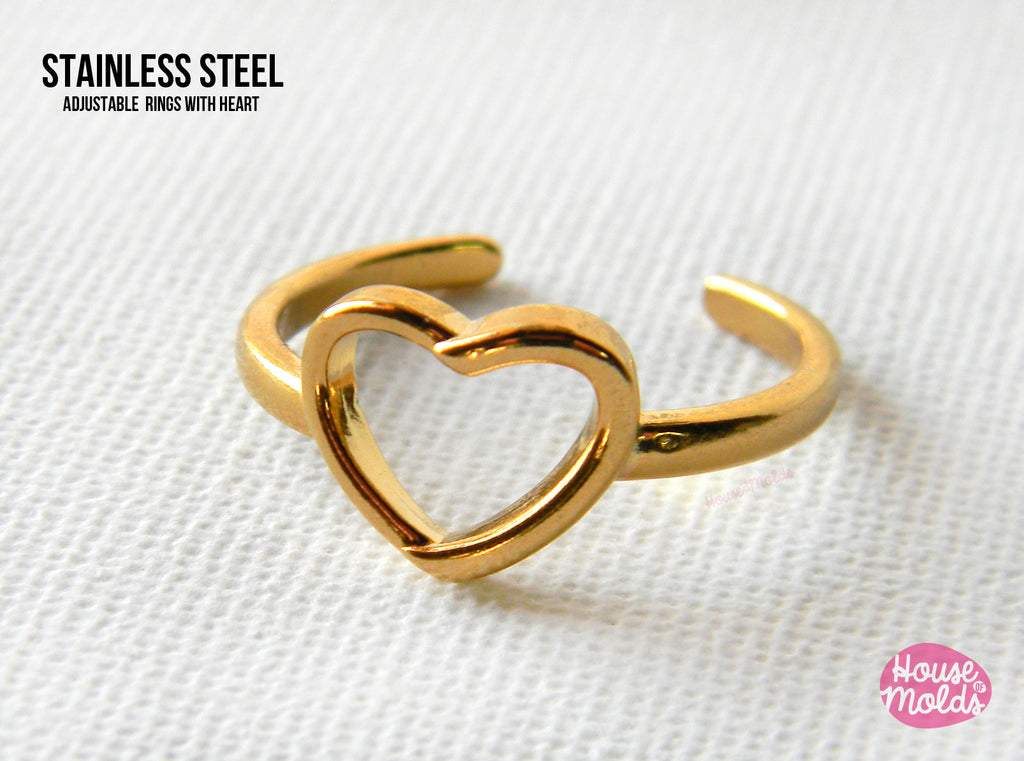 Ring with  Heart - adjustable size - gold colour Stainless steel -perfect for resin filling and keepsakes