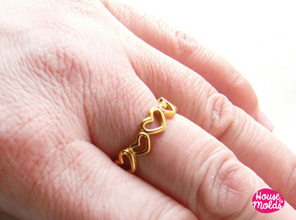 Band Ring with Hearts - adjustable size - gold colour Stainless steel -perfect for resin filling and keepsakes