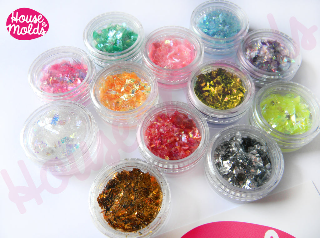 Holographic Flakes set of 12 ,sparkly and with amazing special effects flakes for resin or nail art-Add some magic to your creations