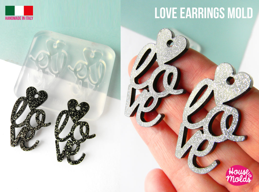 Love earrings Clear Molds, Premade Holes on top , measurements 42x 27 mm thickness 2 mm super shiny - house of molds -made in italy