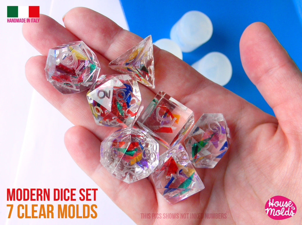 IMPERFECT Modern Sharp Gamer Dice Set of 7 Clear Silicone Molds - HOUSE OF MOLDS