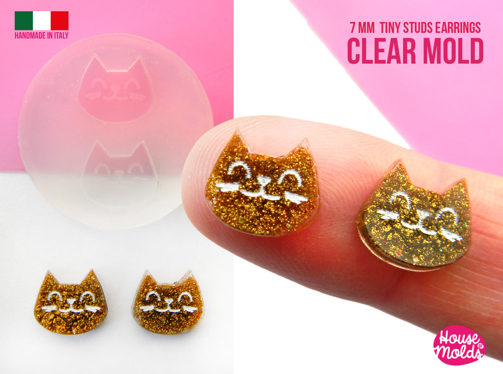 Pimpi Cat Small studs earrings  Clear Mold  - 11 x 10 mm   -  thickness 3 mm -  carved cat details on super shiny surface  - house of molds