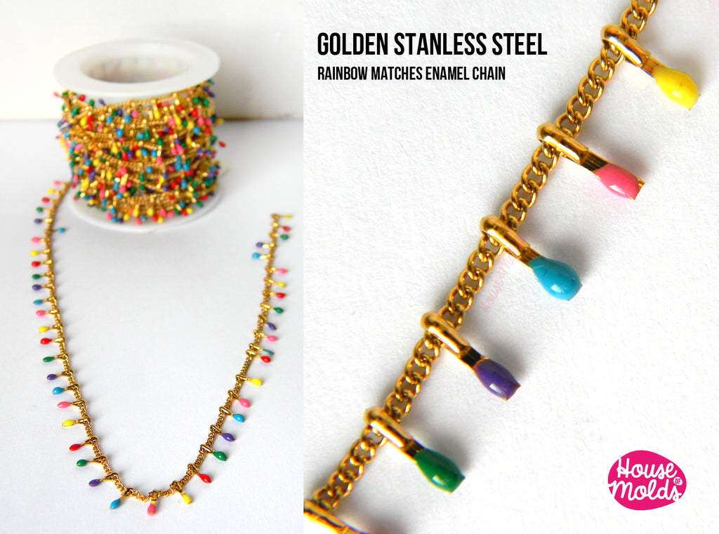 1 Meter Boho Rainbow Matches Enamel Stainless Steel Golden Chain - for necklace or bracelets making