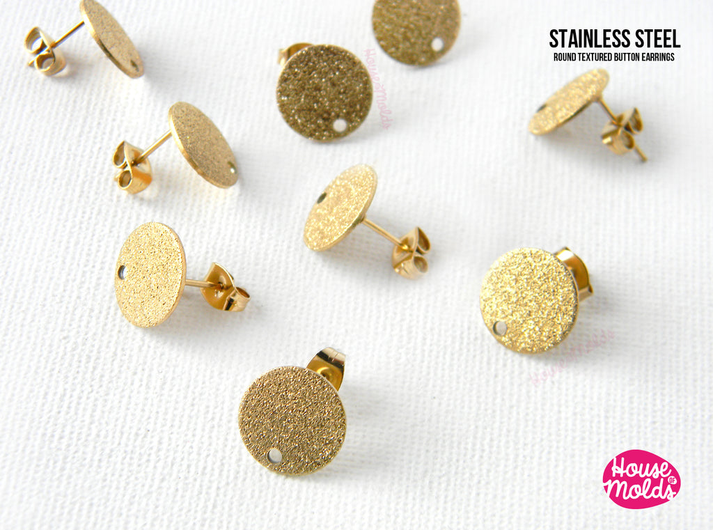 Round Shimmery Texture  Earrings blanks with hole and back stud - stainless steel gold colour  12 mm diameter - luxury quality