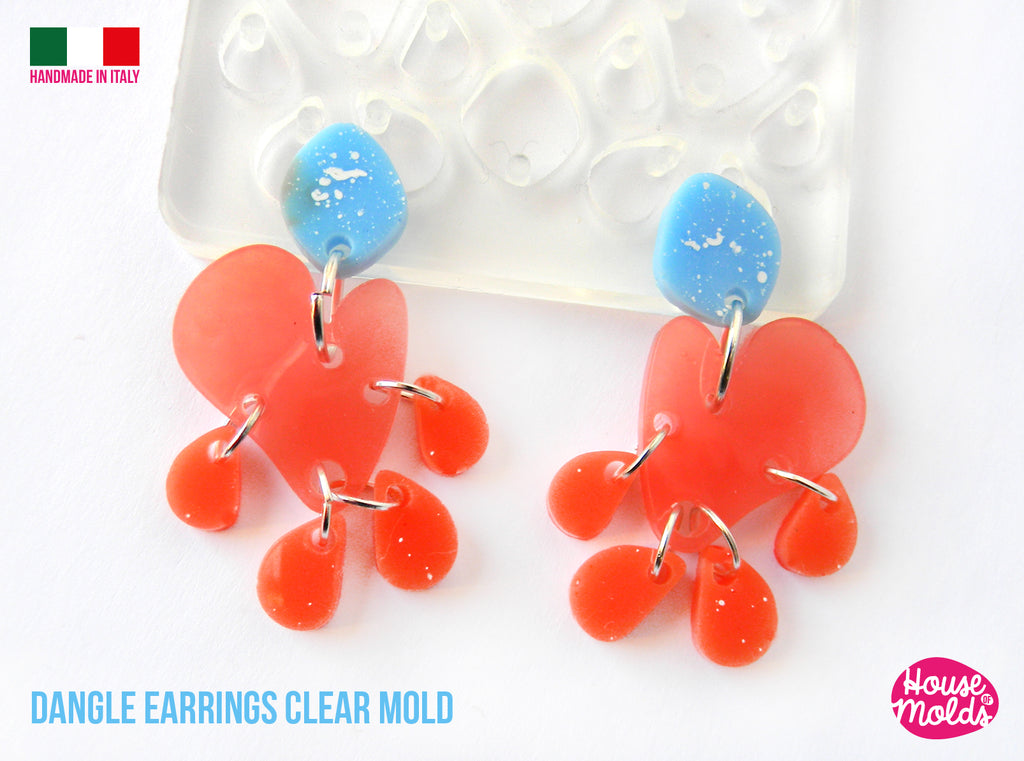 Caracas Heart  Dangle Earrings Clear Mold , Premade Holes on top ,super shiny - house of molds -made in italy