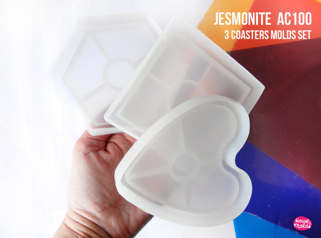 Jesmonite AC100 + 3 Coasters Moulds Set : Non Toxic Water Based Resin For Casting ( Base + Liquid = 3,5 kg) - READY TO SHIP