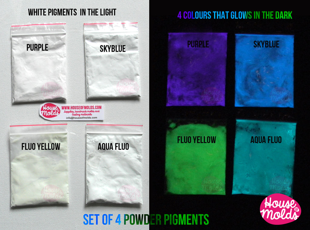 Glow in the dark Pigments for Resin Colour Kit of 4 -white in the light bright coloured in the dark--high glowing properties infinite combinations