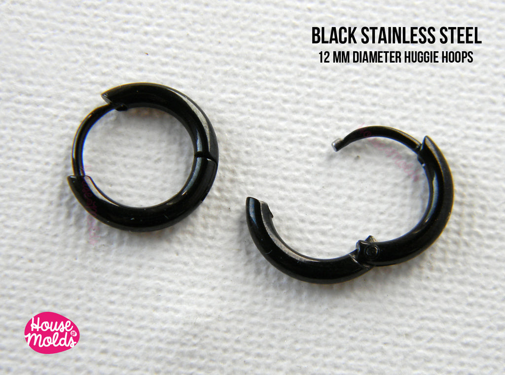 Black 12 mm Huggie Hoops Earrings blanks  - black stainless steel  - high  quality