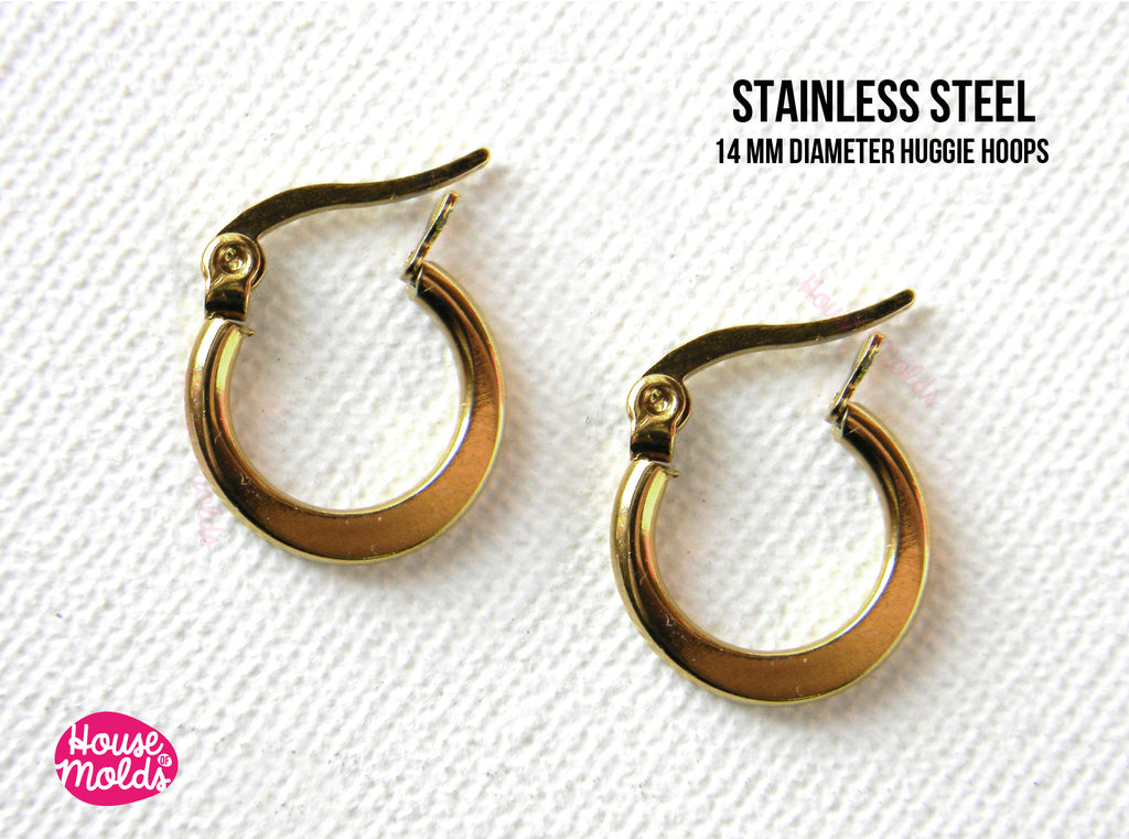14 mm  Huggie Hoops Earrings blanks  - stainless steel gold colour  - luxury quality