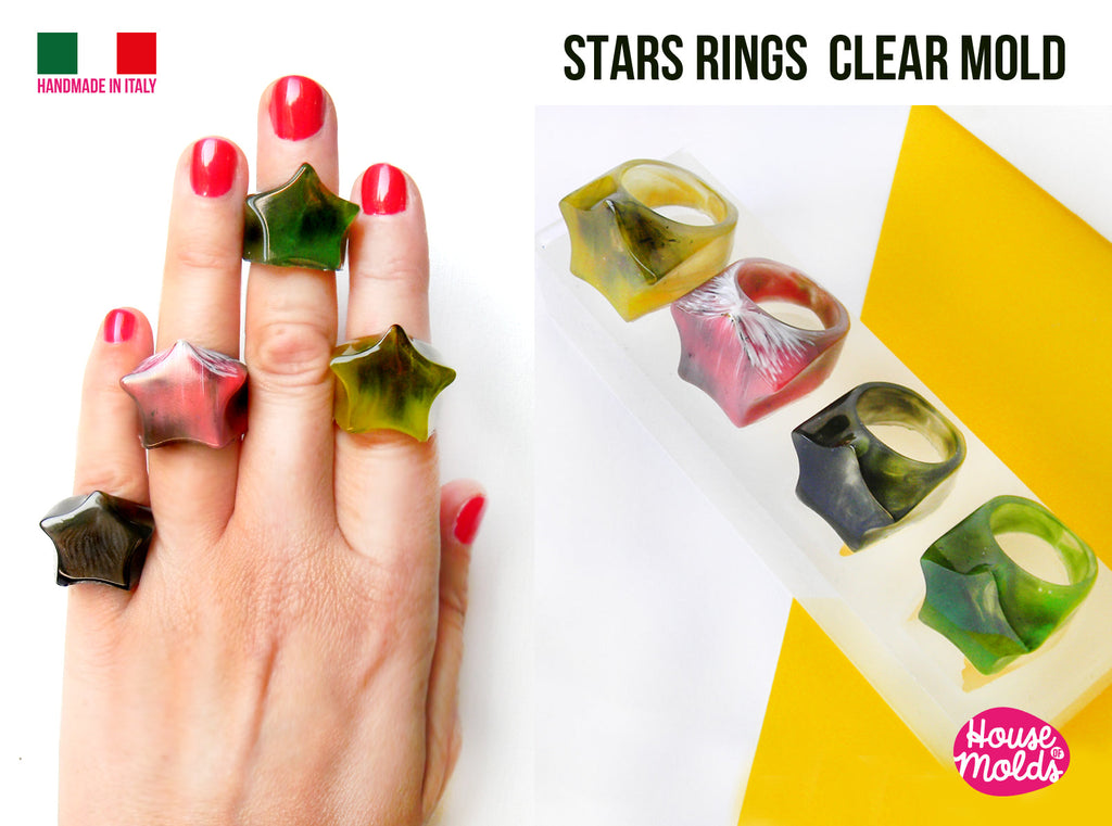 IMPERFECT Star Rings Clear Mold-  4 sizes Star shaped  rings-super shiny creations exclusive House of Molds design