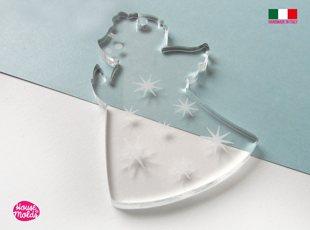 Angel Christmas Ornament Clear Mold , flat angel shape 85 x 53 mm 5 mm thickness , super shiny premade hole on top - carved details inside