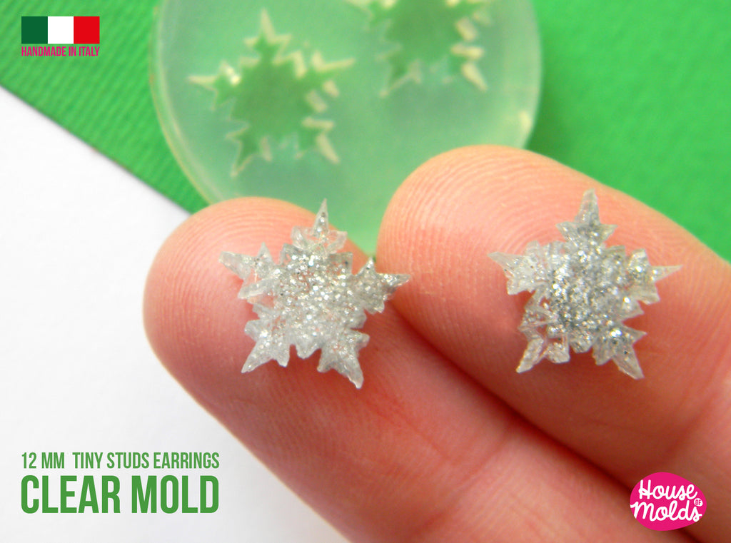 Snowflake Tiny studs earrings  Clear Mold  , measurements 12 mm diameter  -  thickness 3 mm - super shiny - house of molds