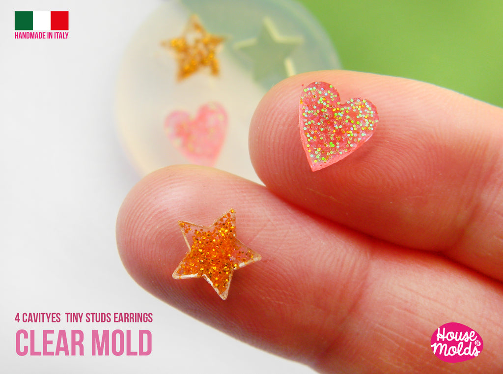 Stars and Hearts tiny studs earrings  Clear Mold  4 cavityes , measurements 8 mm diameter -  thickness 3 mm - super shiny - house of molds
