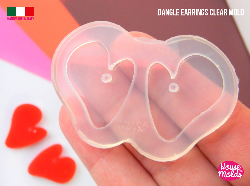 UPPSALA HEARTS Earrings Clear Mold , Premade Holes on top ,super shiny - house of molds -made in italy