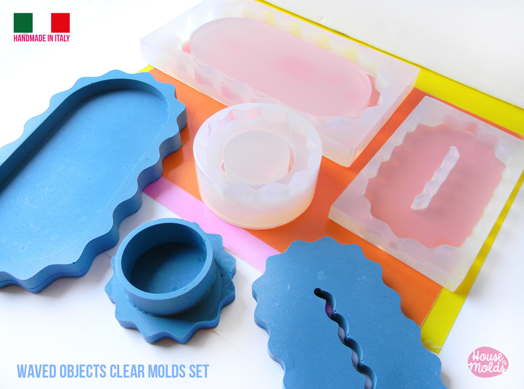 Waved Objects  Clear Molds Set  - includes tray , soap dish and candle holder molds -super glossy - house of molds made in Italy