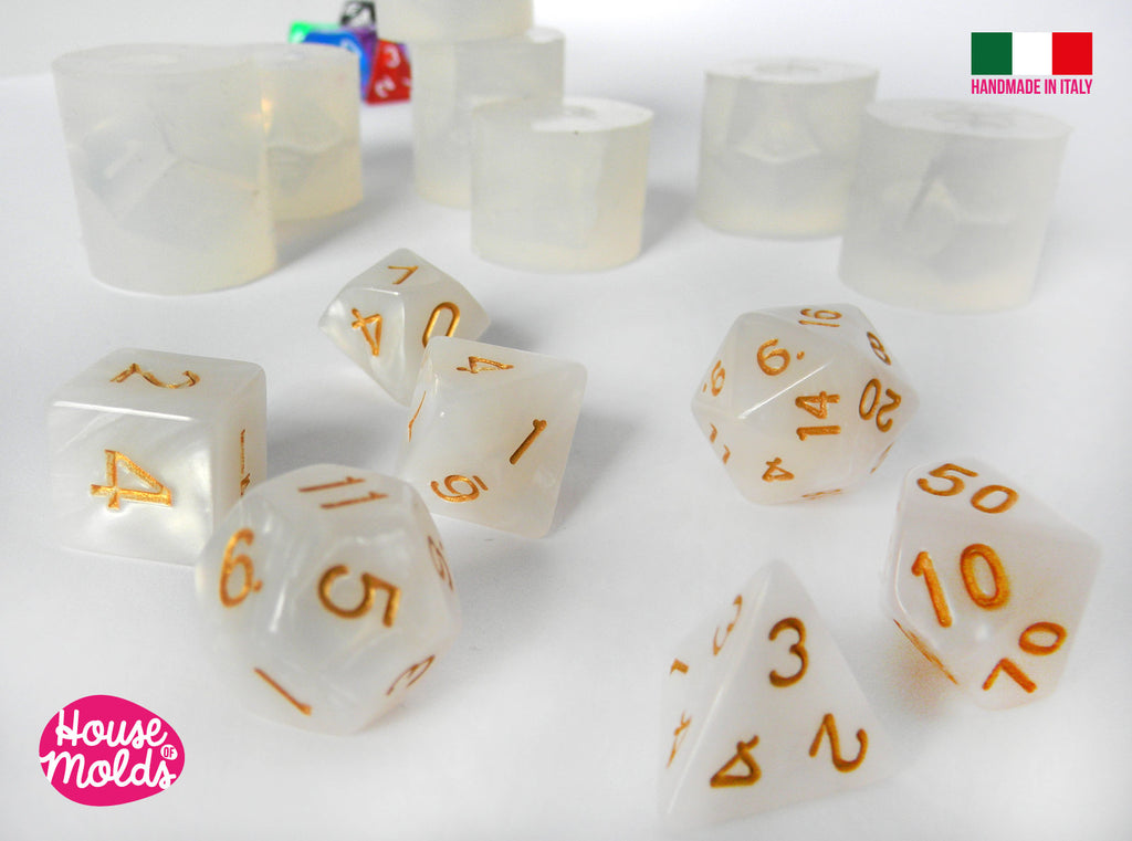 Gamer Dices Set of 7  Clear Silicone Molds - HOUSE OF MOLDS-7 Role Play dices with number engraved silicone clear molds,super shiny surface