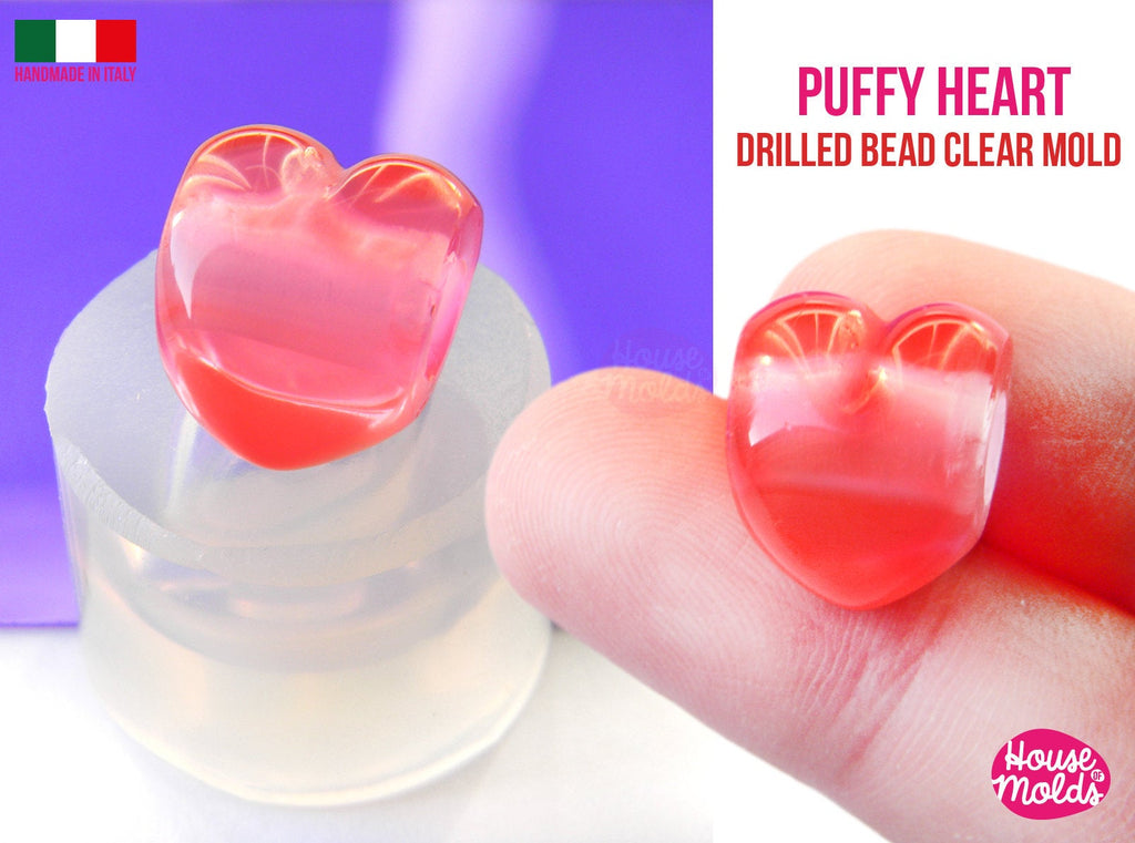 3D Heart Drilled bead Clear Mold , puffy heart bead 16 mm x 13 mm , thickness on center 13 mm , super shiny Special House of mold design
