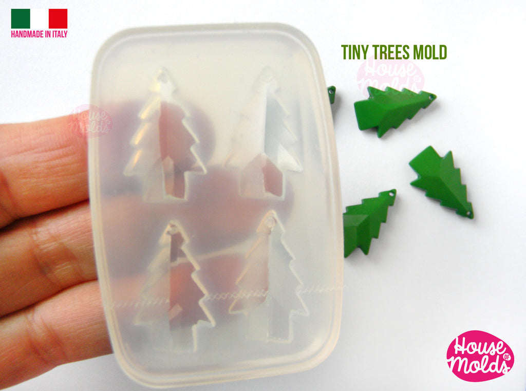 4 TINY FACETED TREES earrings Clear Mold , Pre Made Holes on Top - Transparent Mold to make earrings or pendants: super shiny