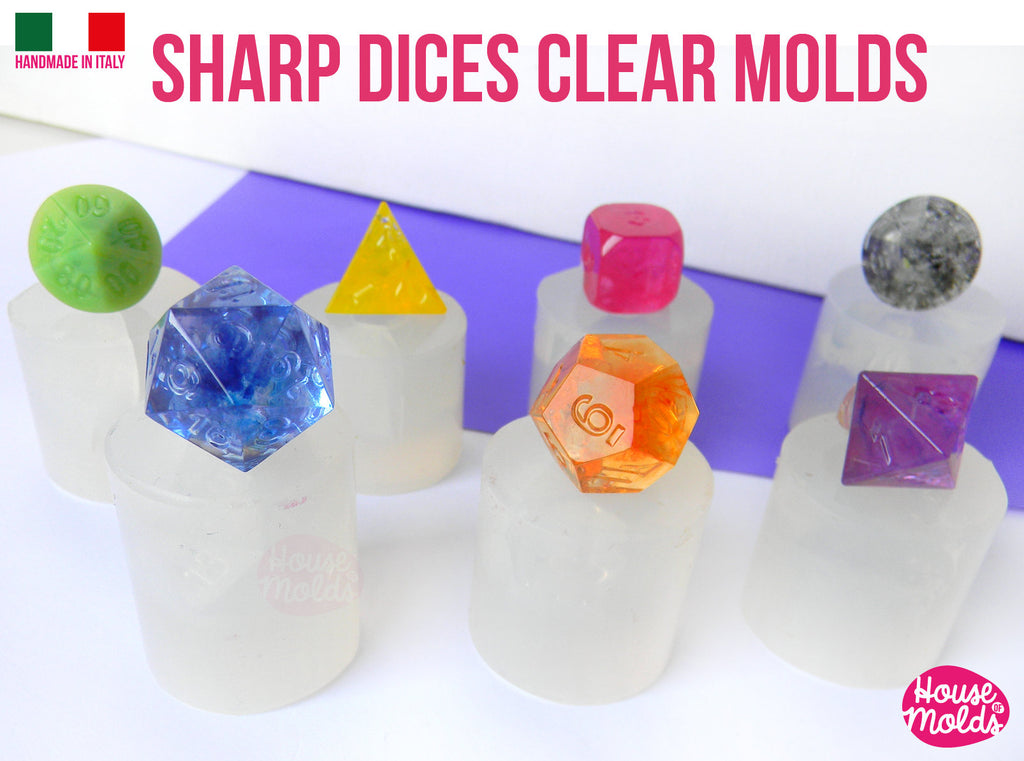 Sharp Gamer Dices Set of 7  Clear Silicone Molds - HOUSE OF MOLDS-7 Role Play Sharp Style  dices all number engraved silicone clear molds