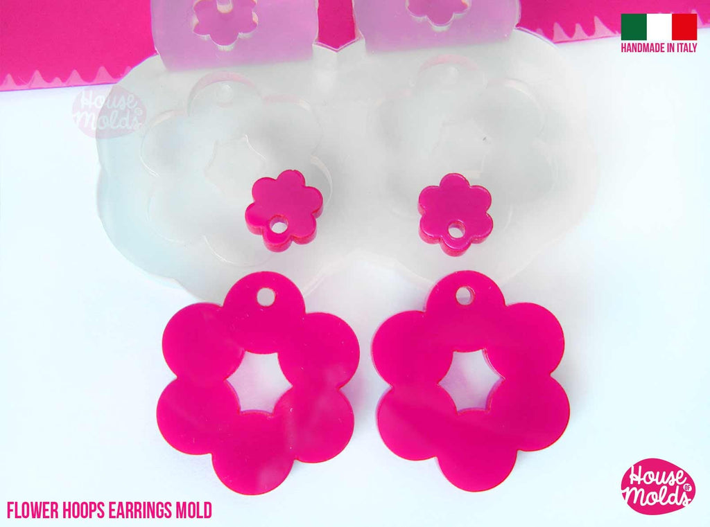 Flower Hoops Dangle earrings Clear Mold ,Premade Holes ,  4 cavites, easy to use Transparent Mold, super shiny - house of molds