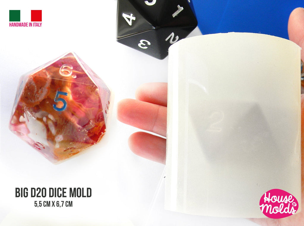 D20 Big Dice Mold 5 x 6 cm Clear Silicone Molds HOUSE OF MOLDS  Role Play dice mold  with countdown numbers position,super shiny
