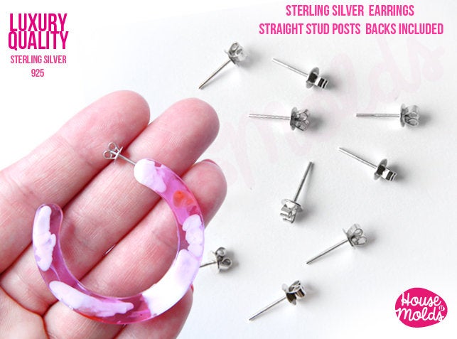 Luxury Sterling Silver Posts Studs Earrings Blanks 13 mm x 0,5 diam Backs included 925 marked -Fine Jewelry making