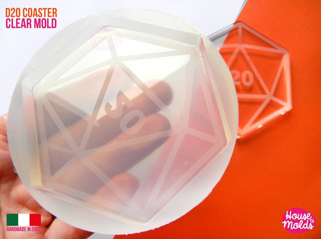 D20 Coaster 90x 79 mm Clear Silicone Mold - HOUSE OF MOLDS- hexagonal shape with D20 design engraved on surface super shiny and  easy to use