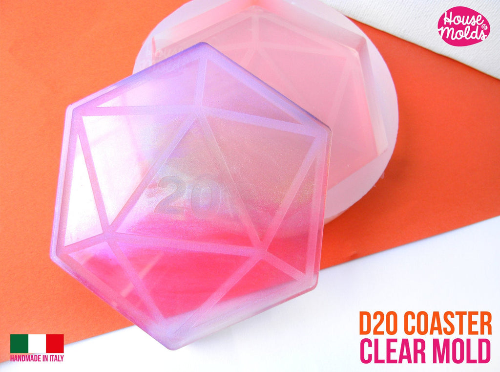 D20 Coaster 90x 79 mm Clear Silicone Mold - HOUSE OF MOLDS- hexagonal shape with D20 design engraved on surface super shiny and  easy to use