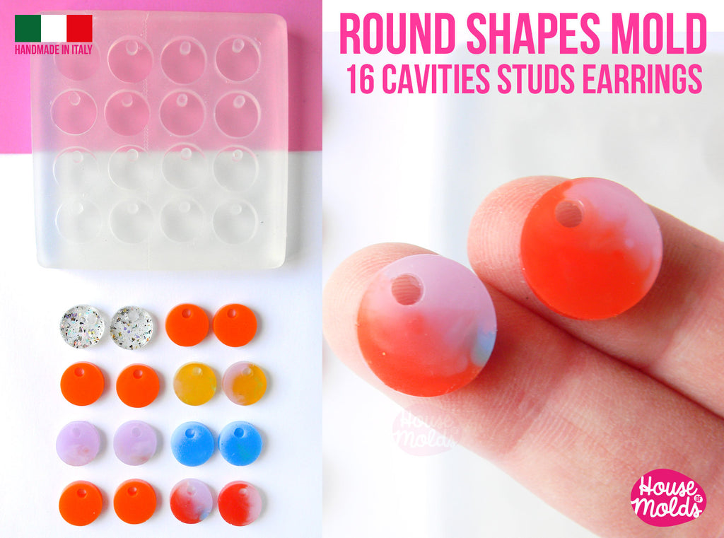 Round Studs earrings Clear Mold , 15 mm diameter Premade Holes , 16 cavities, very easy to use  super shiny - house of molds