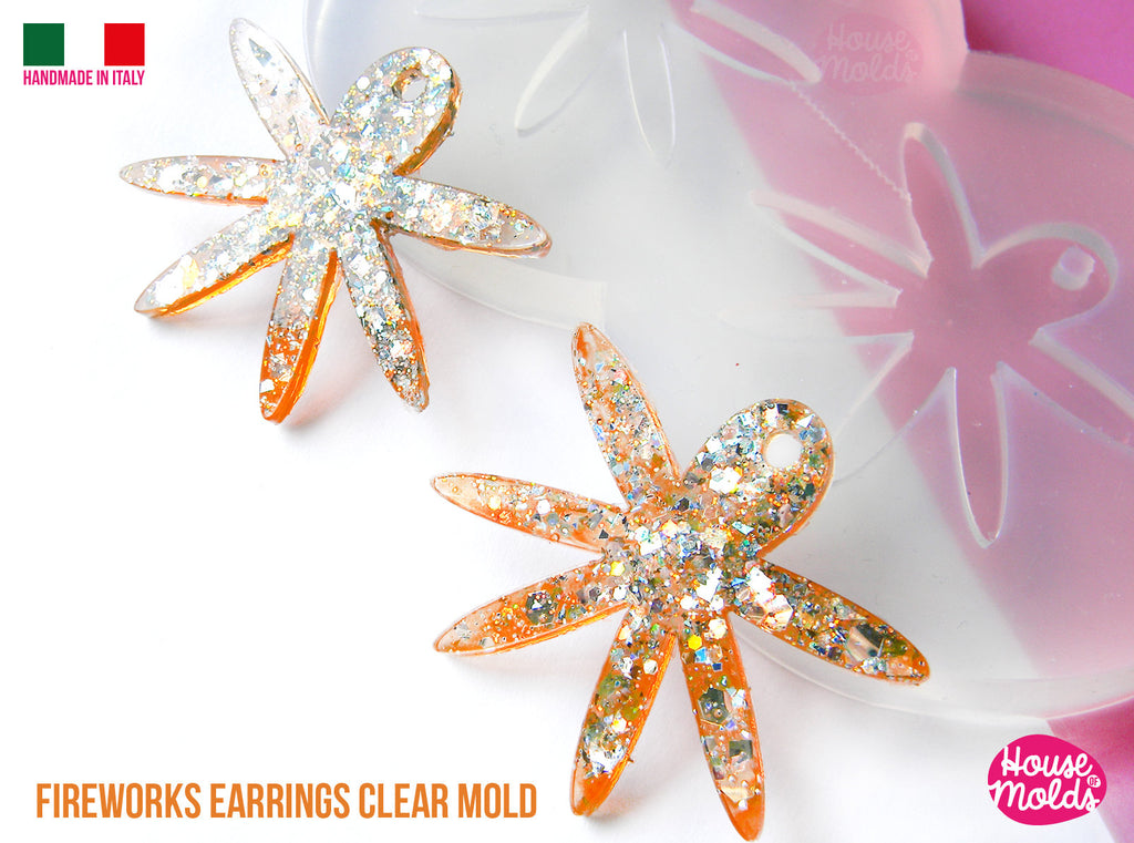 Fireworks earrings Clear Molds , Premade Holes on top , measurements 39 x 34 mm thickness 2 mm  easy and  super shiny - house of molds