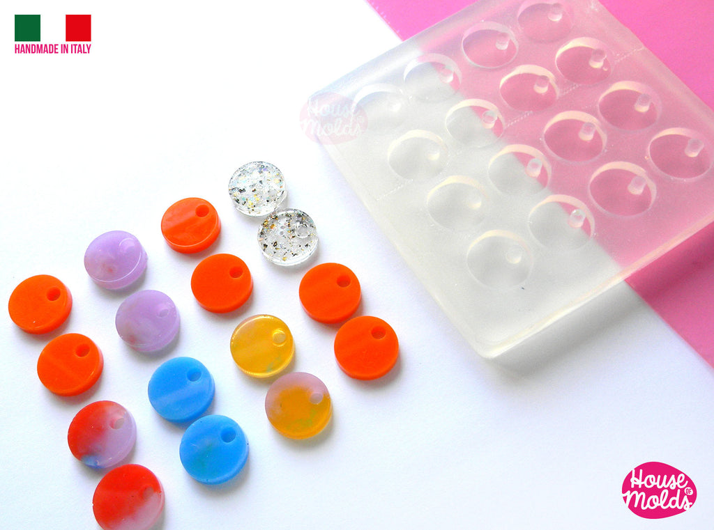 IMPERFECT Round Studs earrings Clear Mold , 15 mm diameter Premade Holes , 16 cavities, very easy to use  super shiny - house of molds