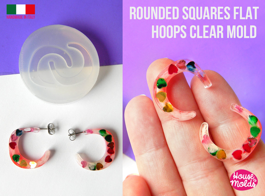 Rounded Squares Flat Earrings Hoops Clear Mold , 23 x 22  mm 4 mm thickness ,  very  easy Transparent Mold ,  super shiny - house of molds