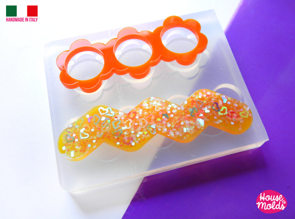 Hair Clips 2 Flat Shapes Clear Mold ,1 ZIGZAG 1 FLOWERPOWER - Transparent Silicone Mold super shiny  House of molds